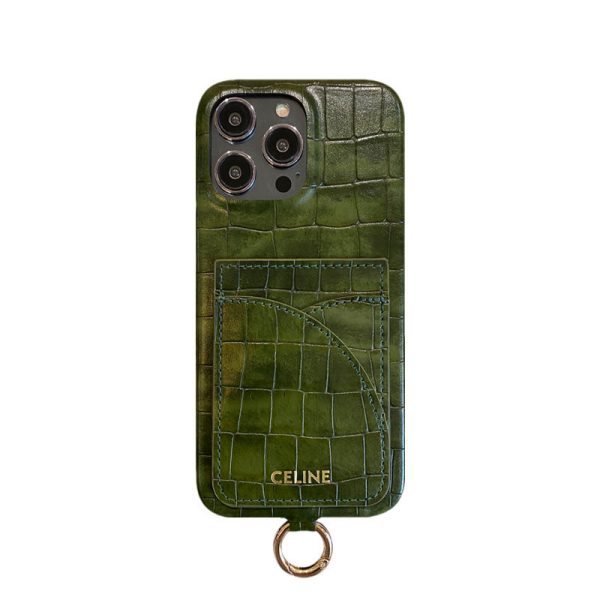Alligator Print Celine iPhone Case With Card Holder And Strap Blcak -EYP241415 - 图片 8