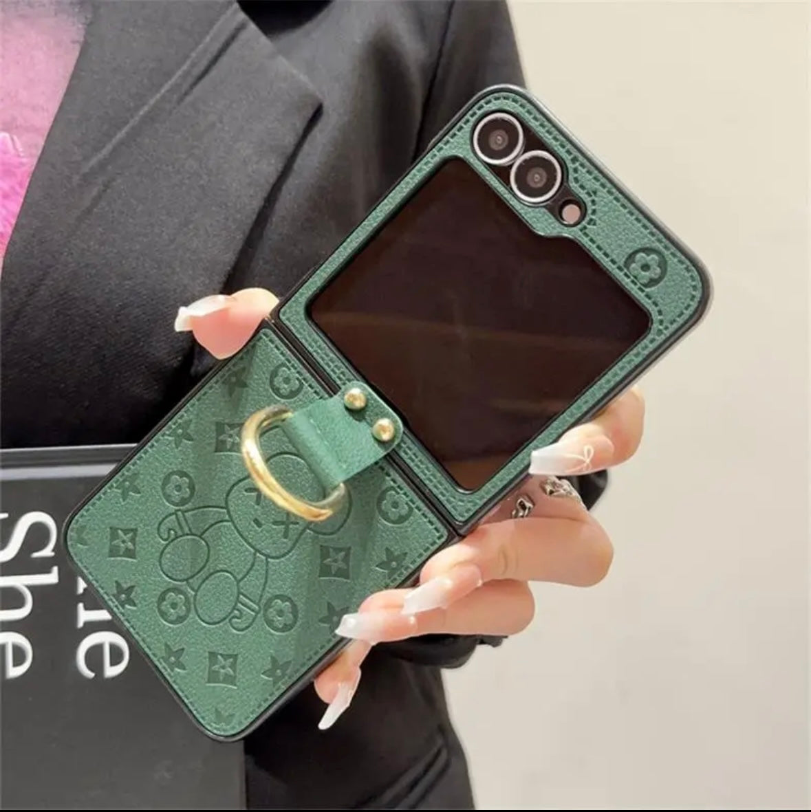 "Samsung Z Flip series leather folding anti-fall mobile phone case, with finger ring buckle design" - 图片 3