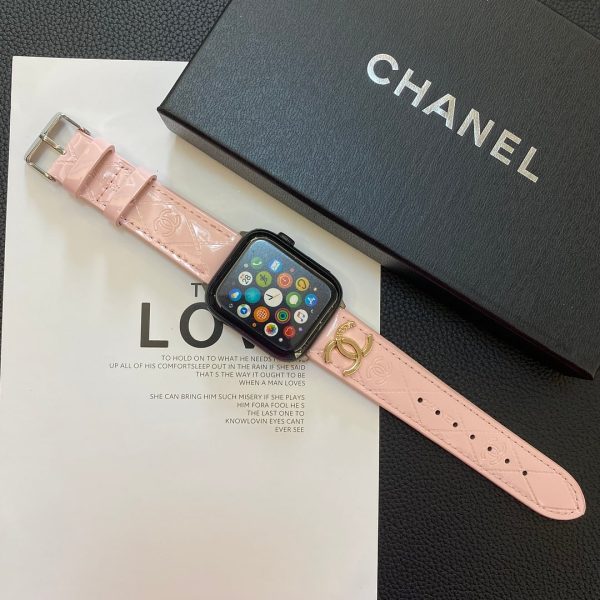 Glossy Leather Apple Watch Strap Luxury Metal Logo - 图片 4