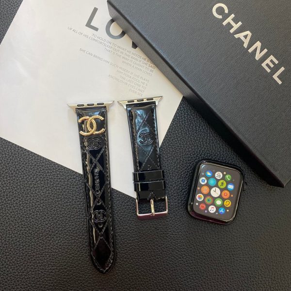 Glossy Leather Apple Watch Strap Luxury Metal Logo - 图片 7