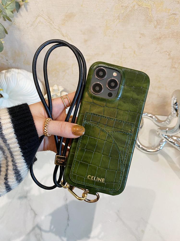 Alligator Print Celine iPhone Case With Card Holder And Strap Green -EYP241415 - 图片 6