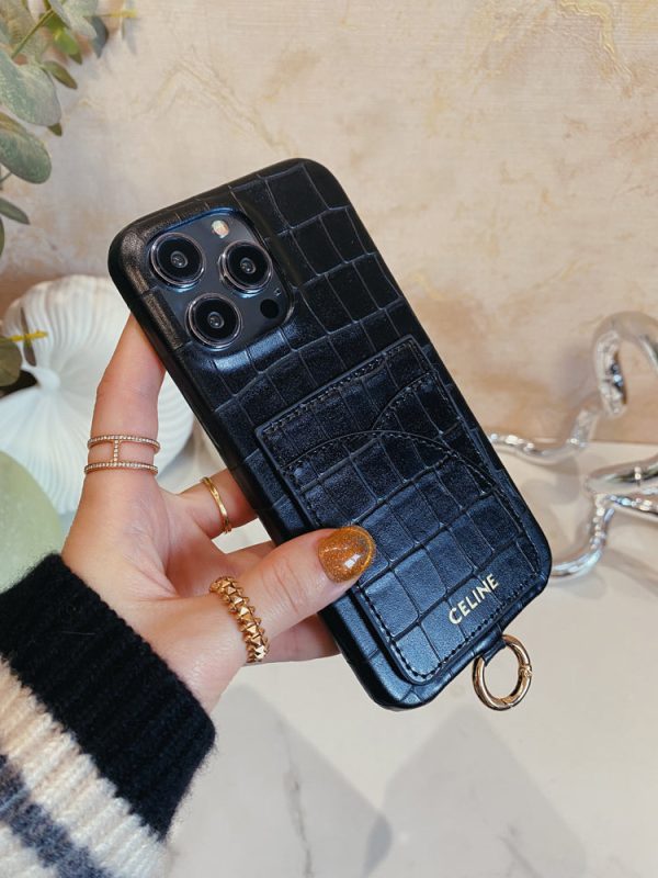 Alligator Print Celine iPhone Case With Card Holder And Strap Blcak -EYP241415 - 图片 3