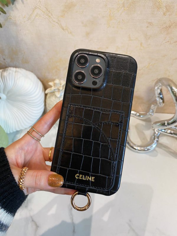 Alligator Print Celine iPhone Case With Card Holder And Strap Blcak -EYP241415 - 图片 2
