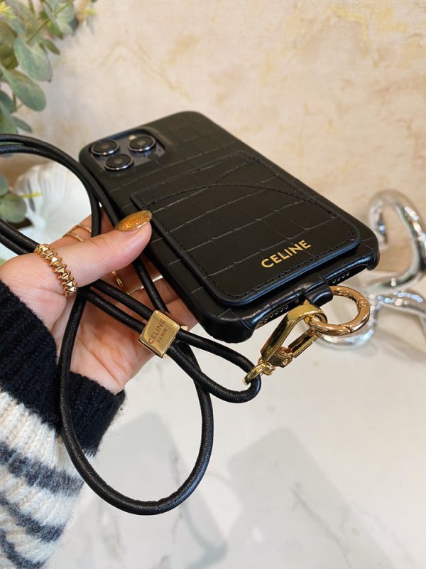 Alligator Print Celine iPhone Case With Card Holder And Strap Blcak -EYP241415 - 图片 4