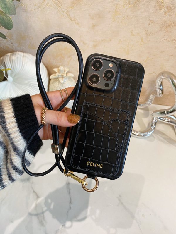 Alligator Print Celine iPhone Case With Card Holder And Strap Blcak -EYP241415 - 图片 6