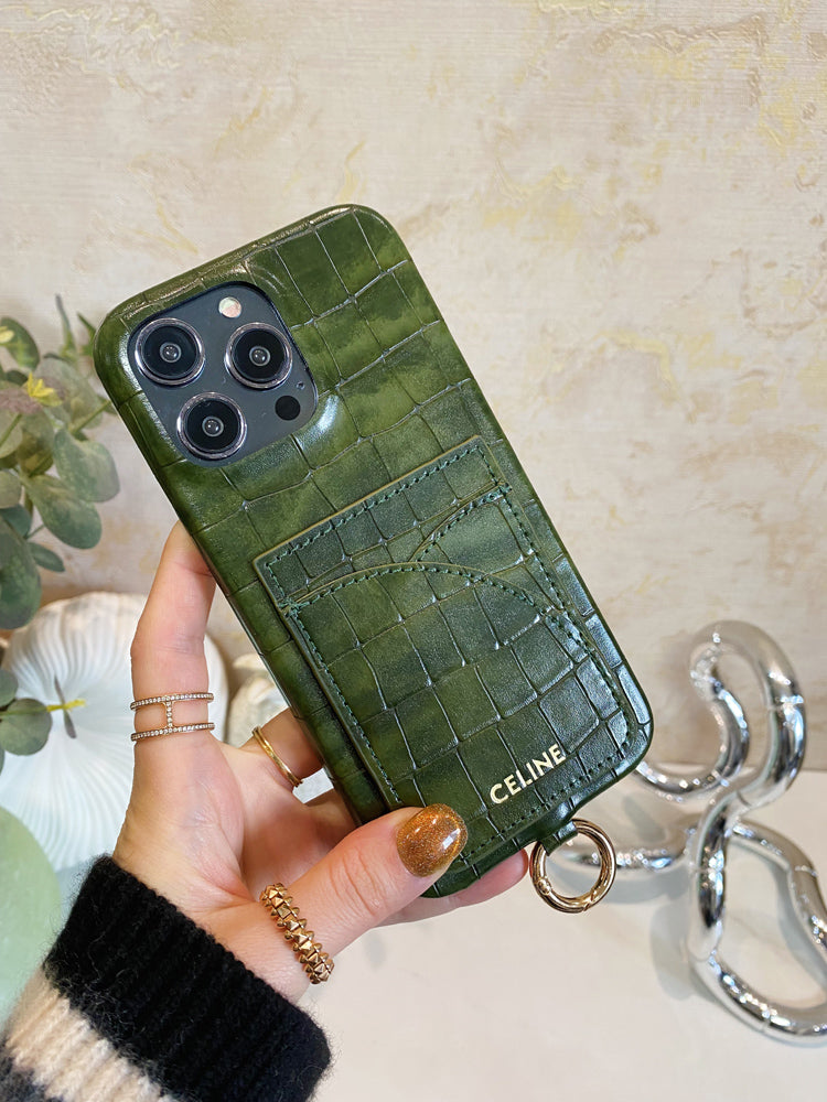 Alligator Print Celine iPhone Case With Card Holder And Strap Green -EYP241415 - 图片 3