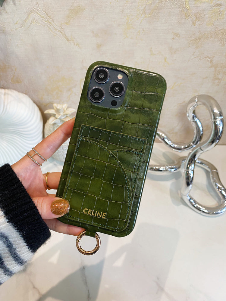 Alligator Print Celine iPhone Case With Card Holder And Strap Green -EYP241415 - 图片 2
