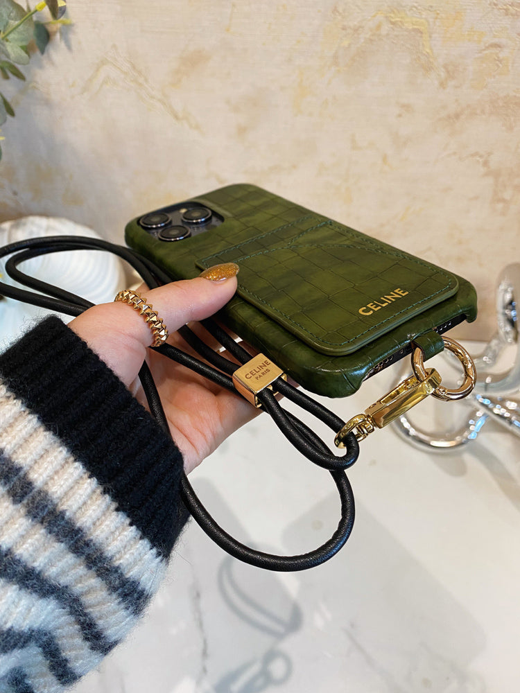 Alligator Print Celine iPhone Case With Card Holder And Strap Green -EYP241415 - 图片 4