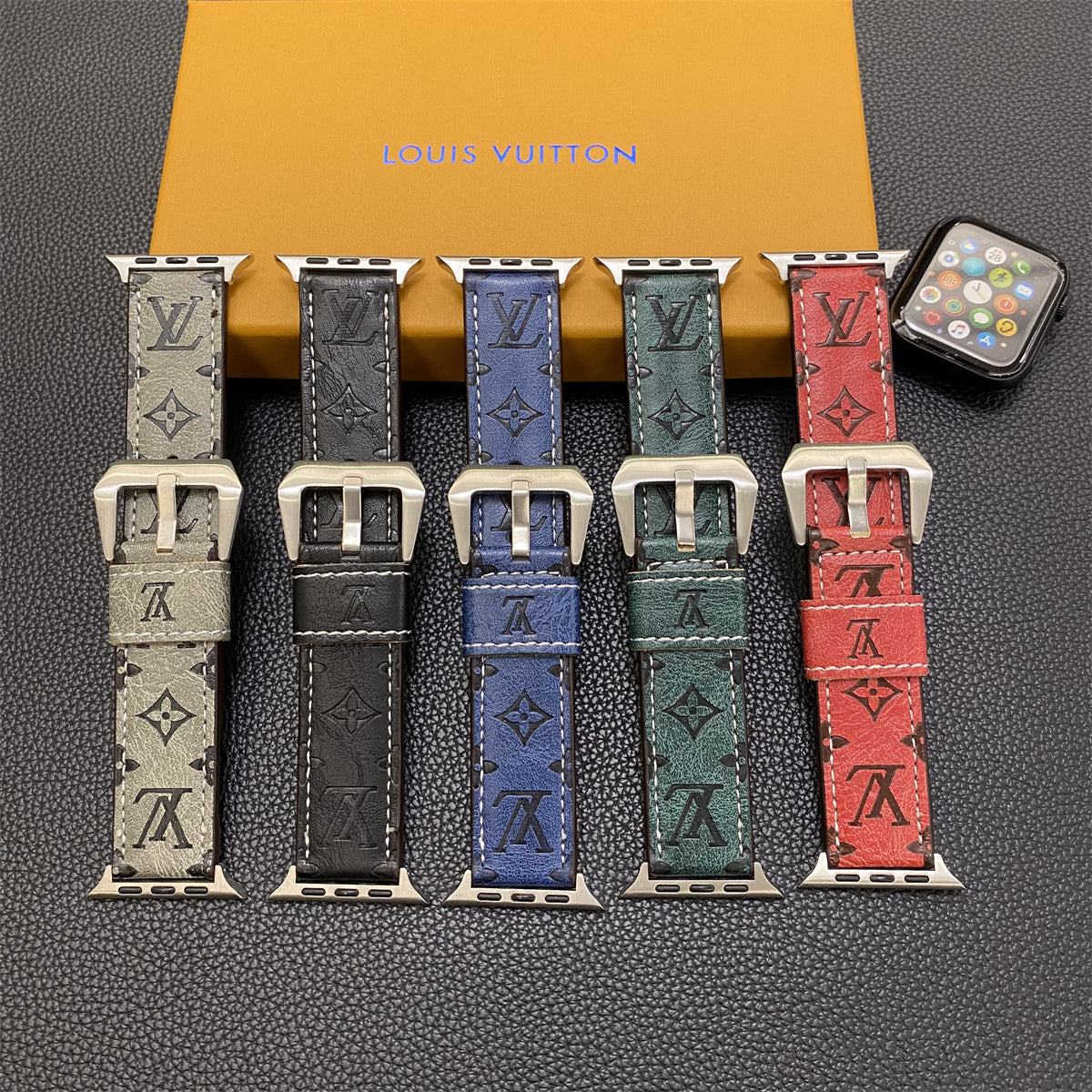 Leather Monogram Apple Watch Bands Leather Blue-YH24422 - 图片 4