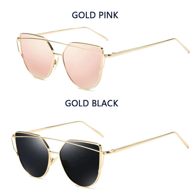Cat Eye Vintage Brand Designer Rose Gold Mirror Sunglasses For Women Metal Reflective flat lens Sun Glasses Female oculos - 图片 13