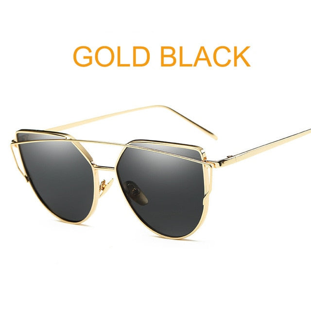 Cat Eye Vintage Brand Designer Rose Gold Mirror Sunglasses For Women Metal Reflective flat lens Sun Glasses Female oculos - 图片 47