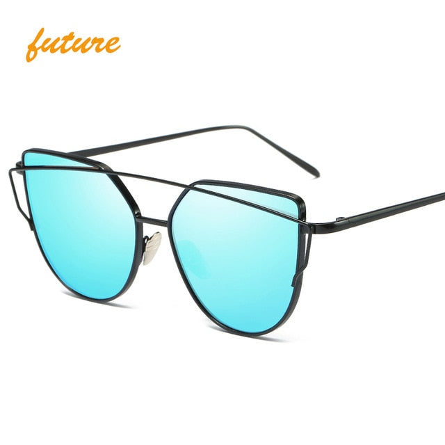 Cat Eye Vintage Brand Designer Rose Gold Mirror Sunglasses For Women Metal Reflective flat lens Sun Glasses Female oculos - 图片 33