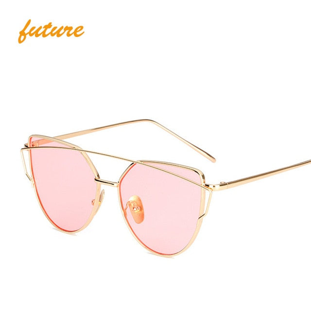 Cat Eye Vintage Brand Designer Rose Gold Mirror Sunglasses For Women Metal Reflective flat lens Sun Glasses Female oculos - 图片 9