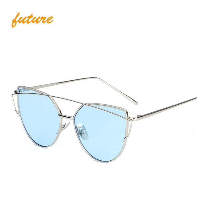 Cat Eye Vintage Brand Designer Rose Gold Mirror Sunglasses For Women Metal Reflective flat lens Sun Glasses Female oculos - 图片 39