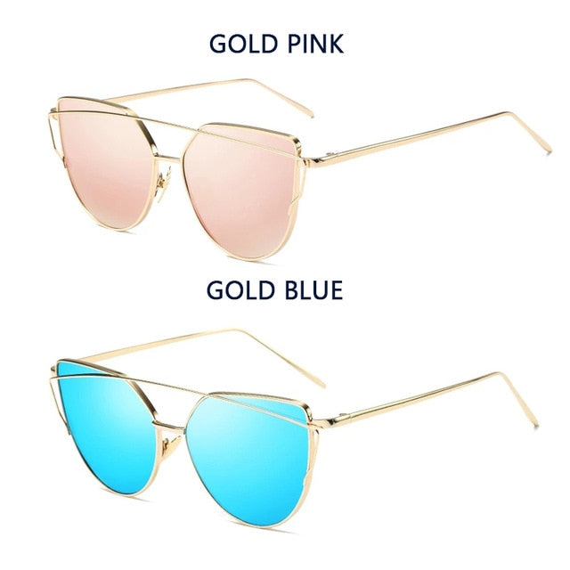 Cat Eye Vintage Brand Designer Rose Gold Mirror Sunglasses For Women Metal Reflective flat lens Sun Glasses Female oculos - 图片 64