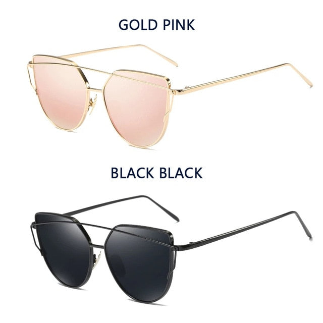 Cat Eye Vintage Brand Designer Rose Gold Mirror Sunglasses For Women Metal Reflective flat lens Sun Glasses Female oculos - 图片 62