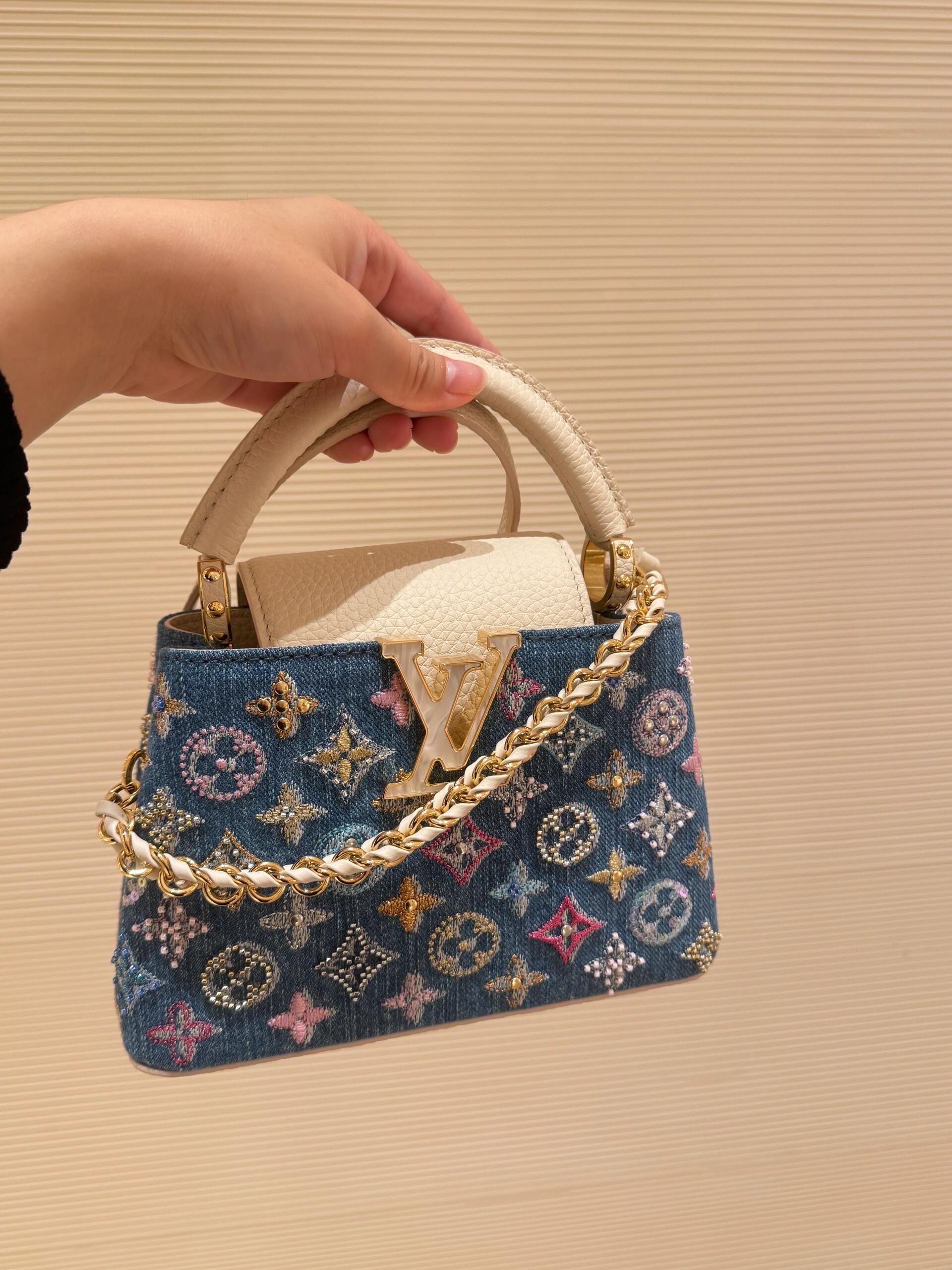 Luxury Denim Embellished Capucines Mini Bag - Image 13