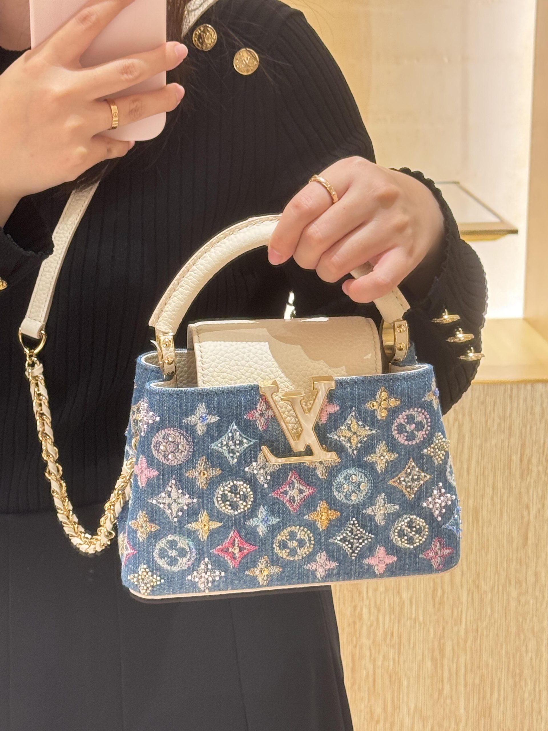 Luxury Denim Embellished Capucines Mini Bag - Image 14