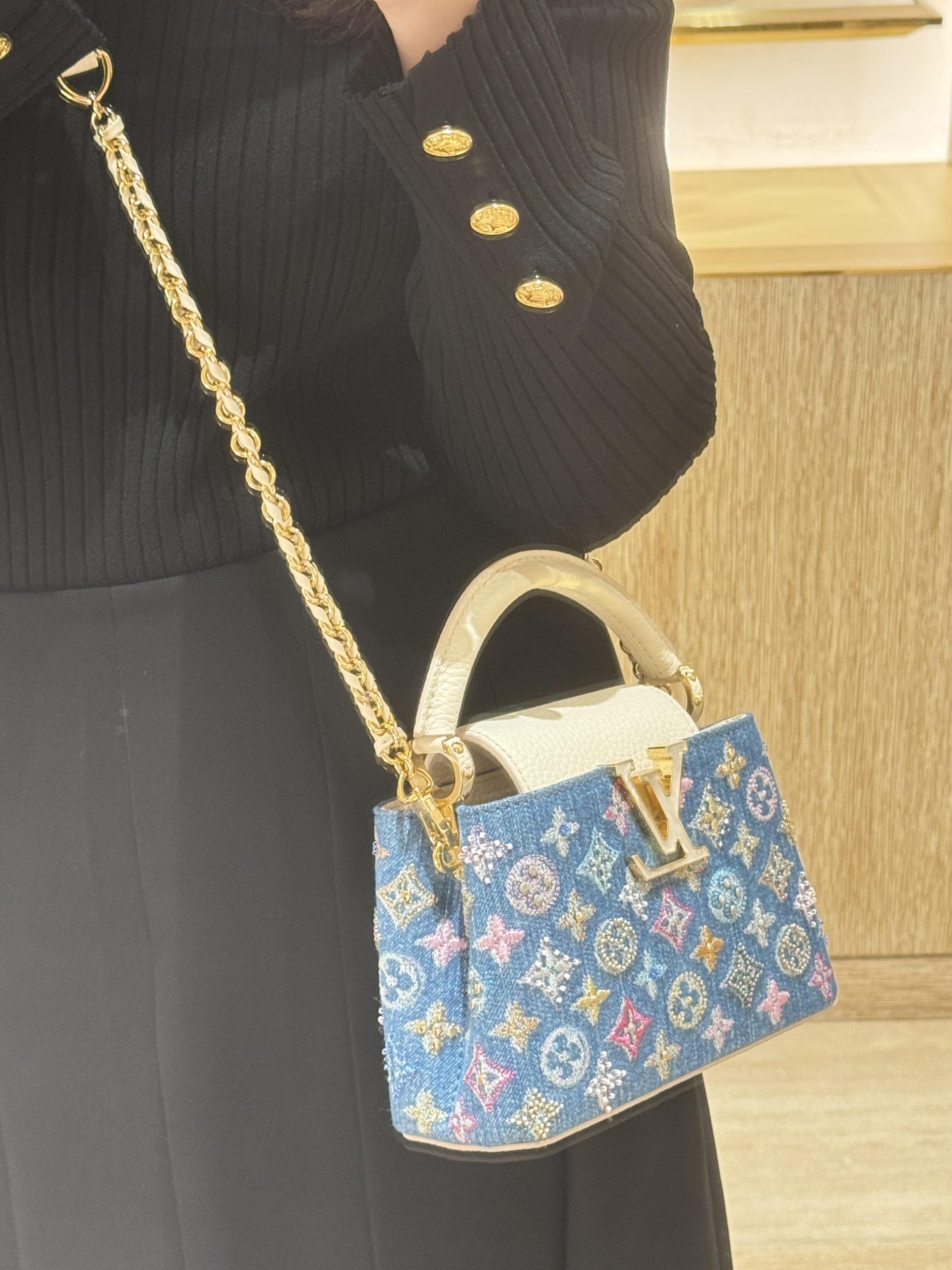 Luxury Denim Embellished Capucines Mini Bag - Image 15