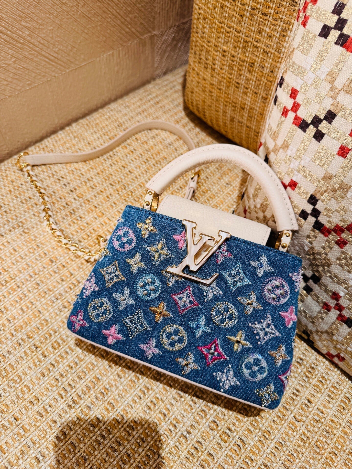Luxury Denim Embellished Capucines Mini Bag - Image 4
