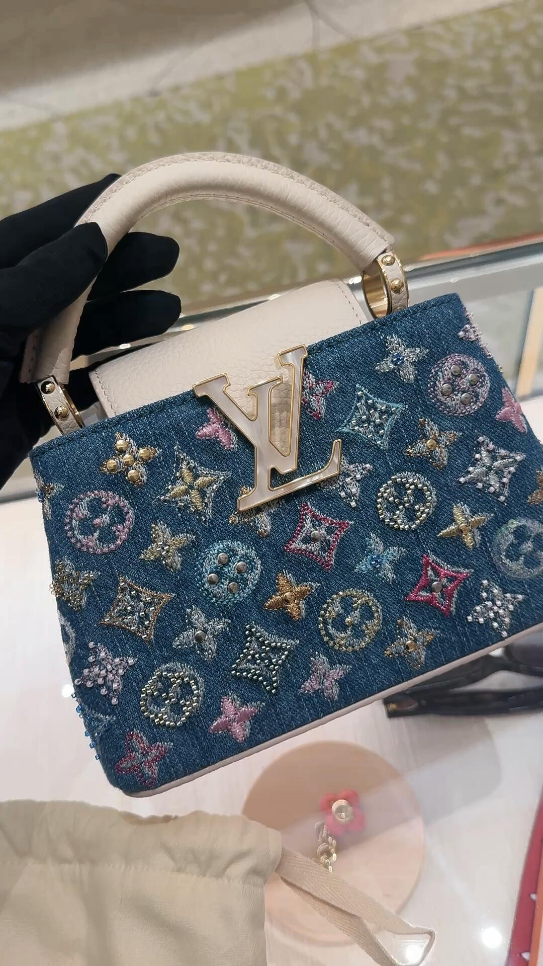 Luxury Denim Embellished Capucines Mini Bag - Image 5