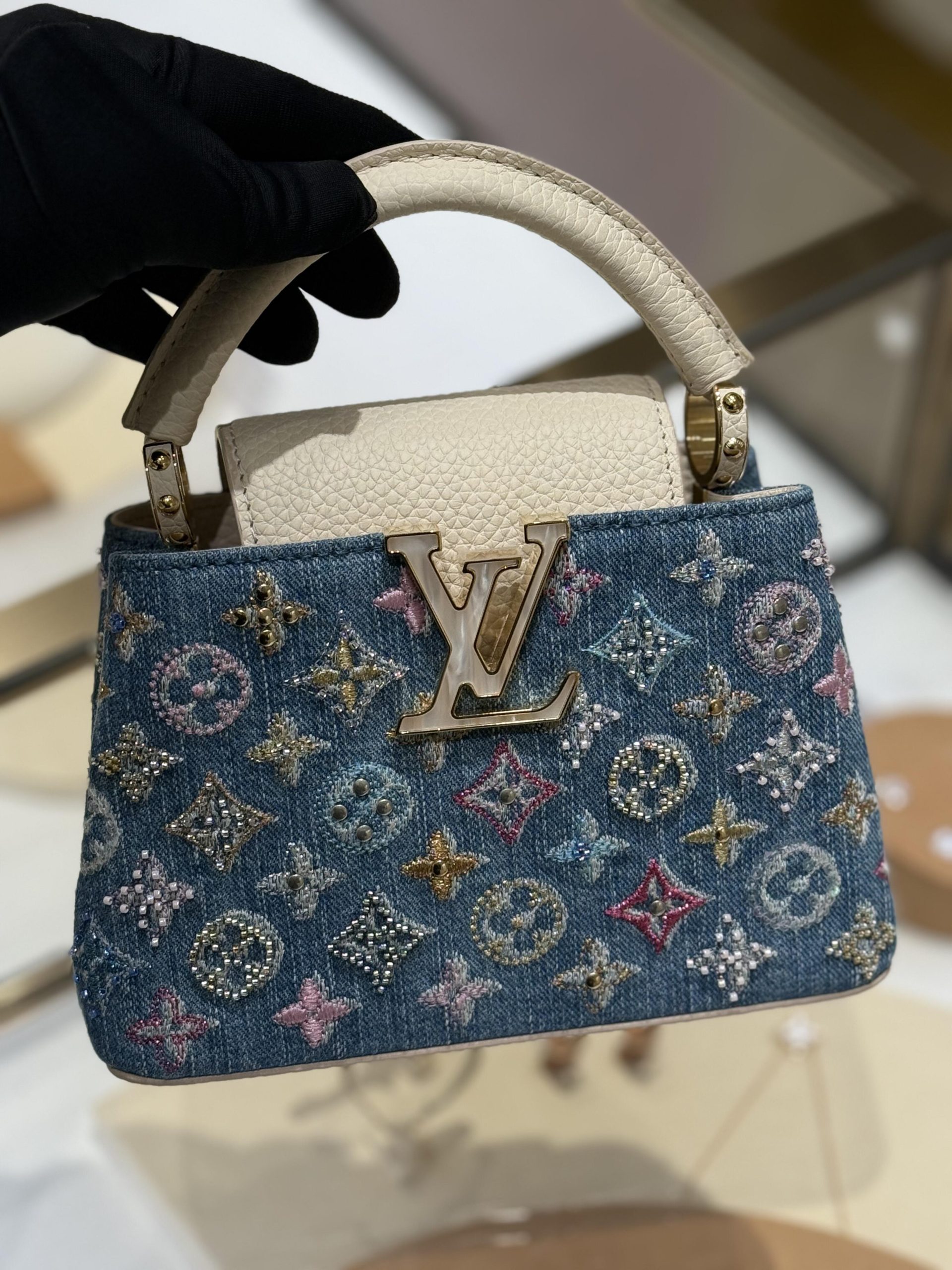 Luxury Denim Embellished Capucines Mini Bag - Image 3