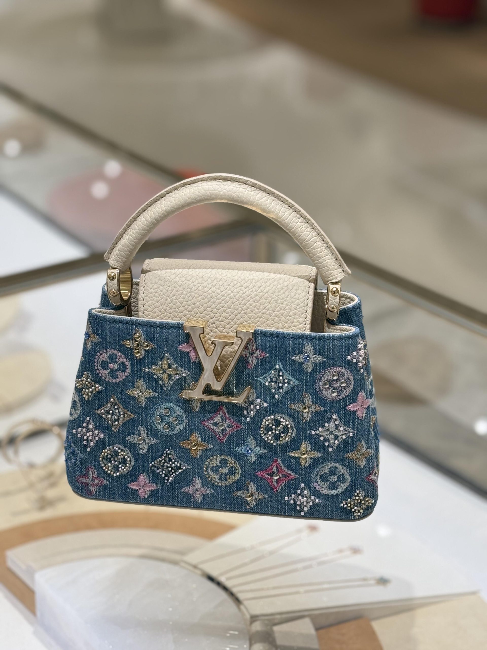Luxury Denim Embellished Capucines Mini Bag - Image 6