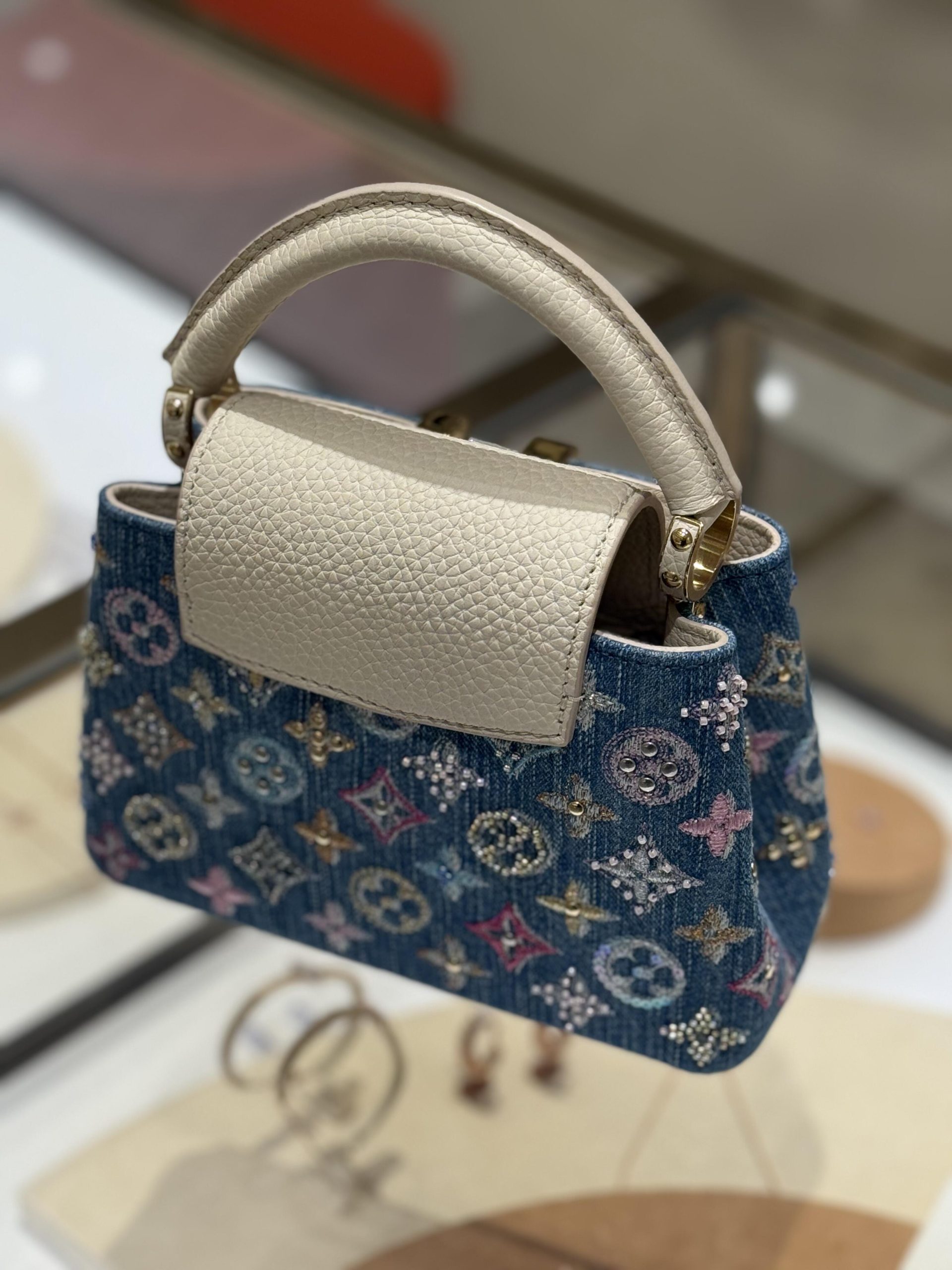 Luxury Denim Embellished Capucines Mini Bag - Image 12