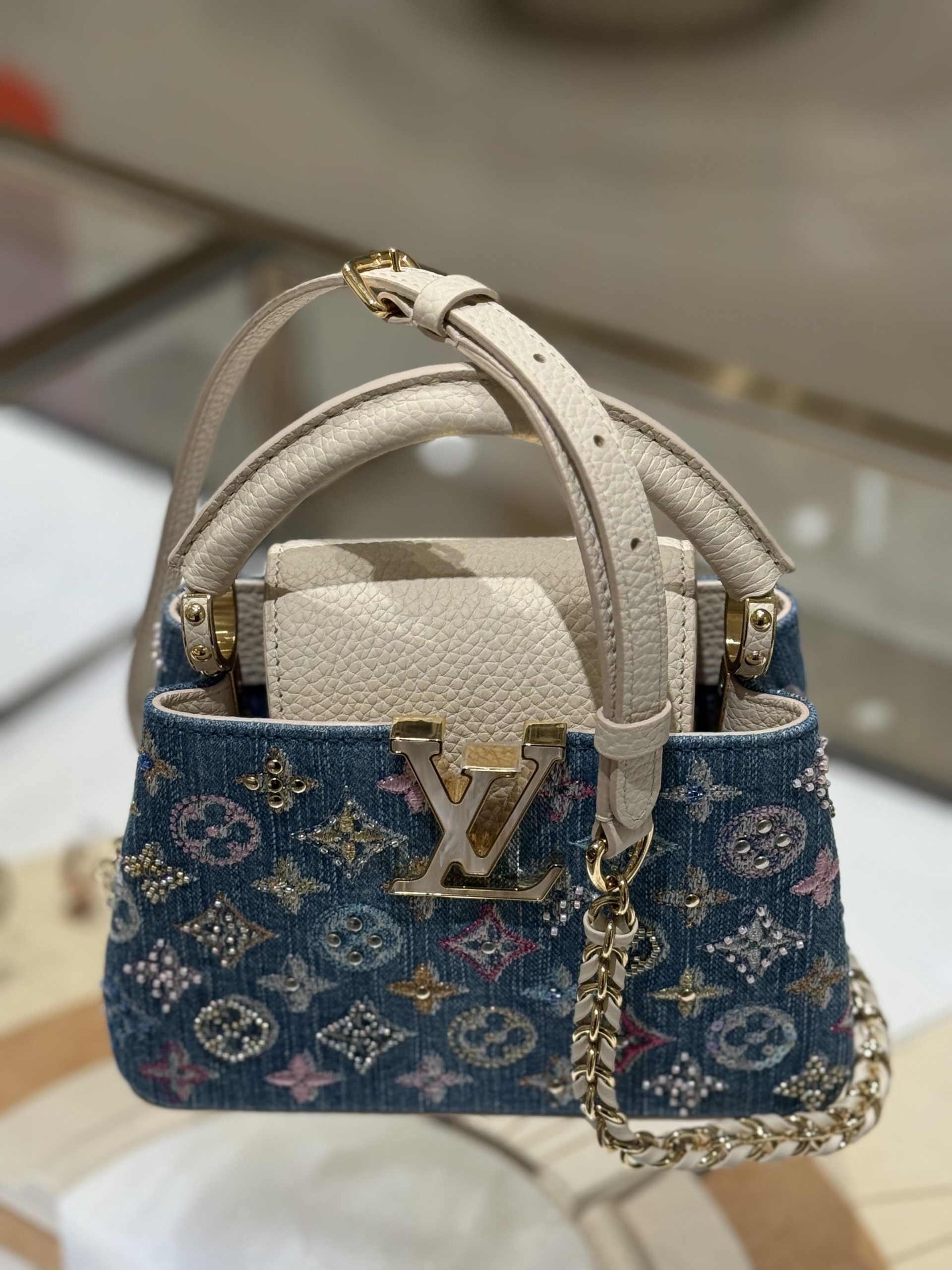 Luxury Denim Embellished Capucines Mini Bag - Image 9