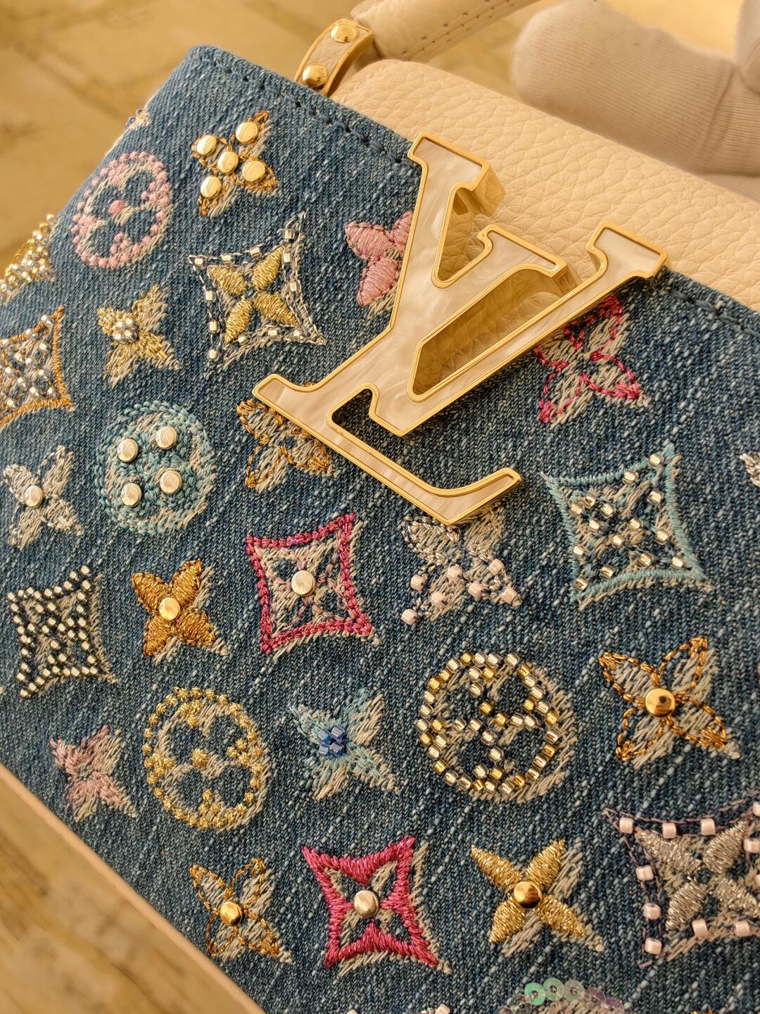 Luxury Denim Embellished Capucines Mini Bag - Image 10