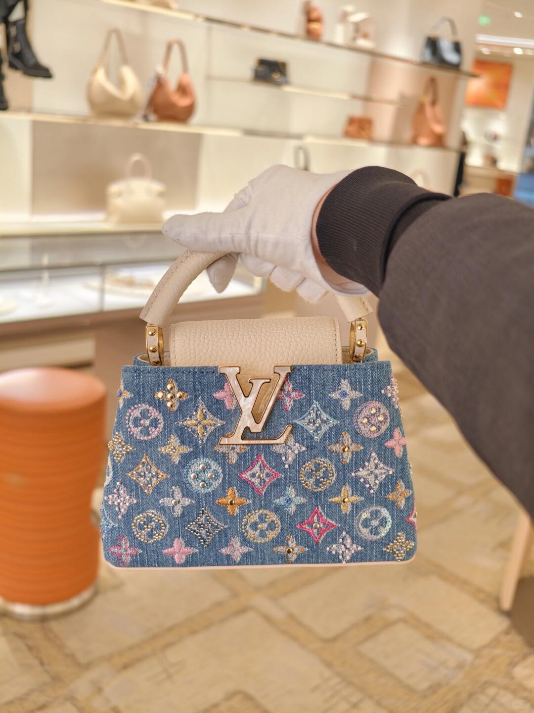 Luxury Denim Embellished Capucines Mini Bag - Image 16