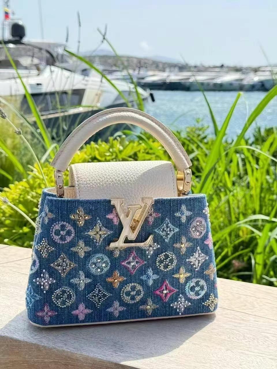 Luxury Denim Embellished Capucines Mini Bag - Image 7