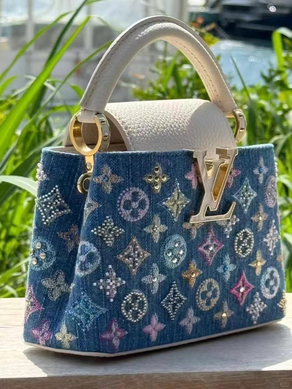 Luxury Denim Embellished Capucines Mini Bag - Image 11