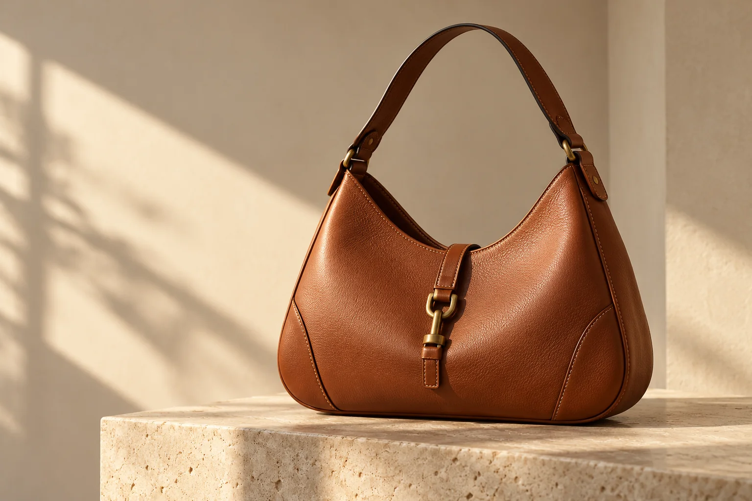Cognac shoulder bag on a travertine plinth in natural light